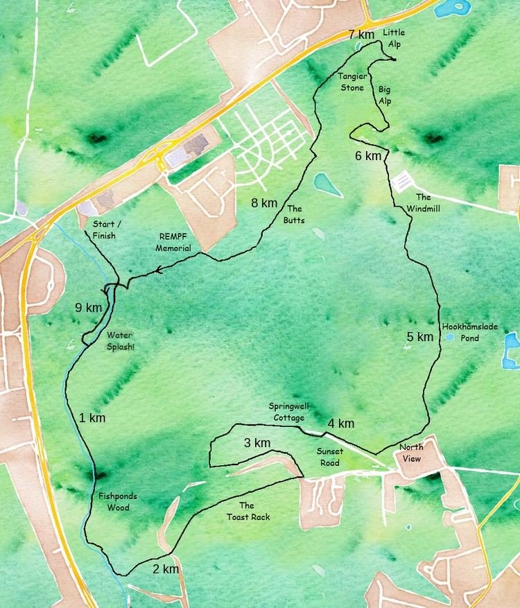 Map of the course around Wimbledon Common, with kilometre markers